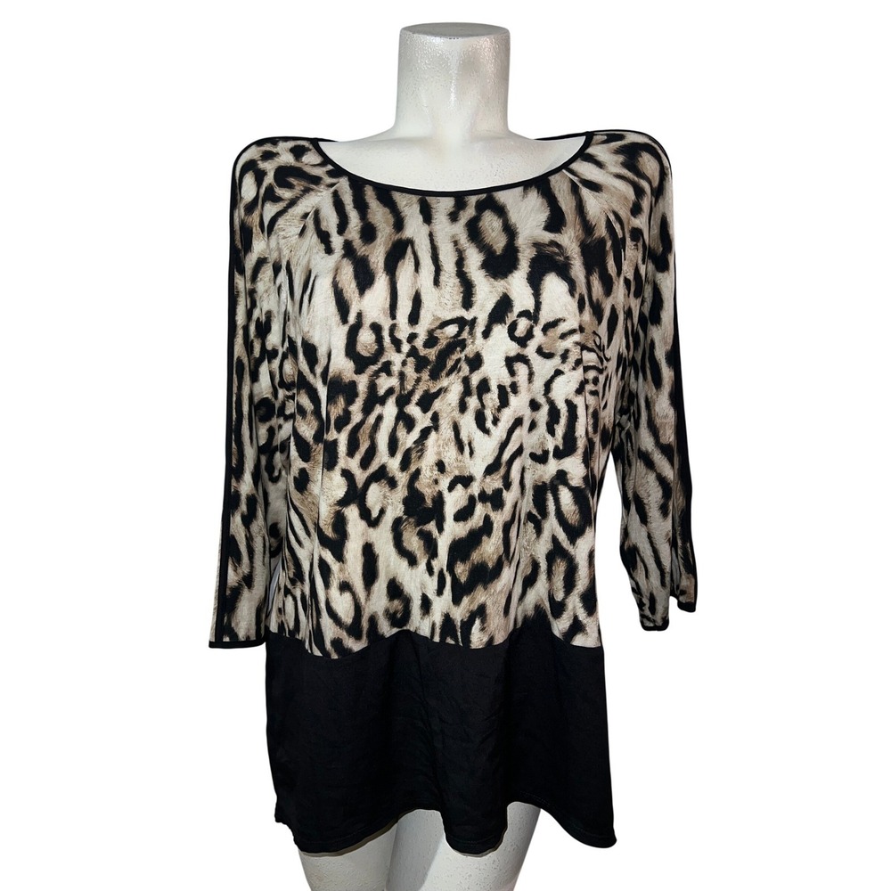 Chico's Top Women's Size XL (3) Leopard Print Black Tunic w/Wide Chiffon Hem
